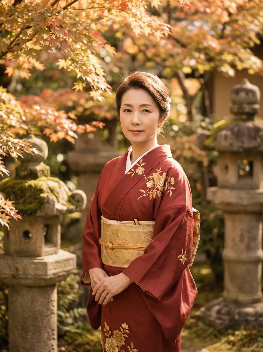 一位身穿暗红色和服的优雅 情深叉 在日式庭院中